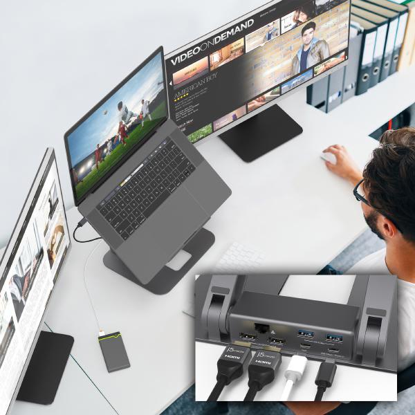J5create JTS427 Dual HDMI Docking Stand, USB-C 100W PD, 2x USB-A, RJ45