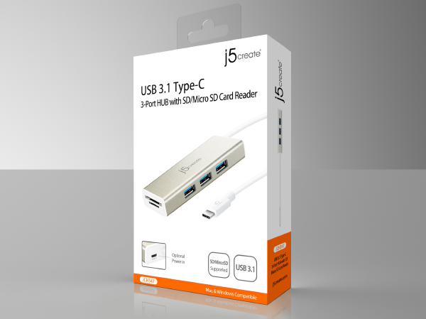 J5create JCH347 USB-C 3-Port Hub with SD & Micro SD Card Reader
