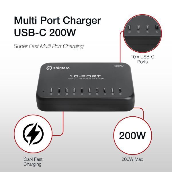 Shintaro 200W 10-Port GaN USB-C Charger, Fast Charging