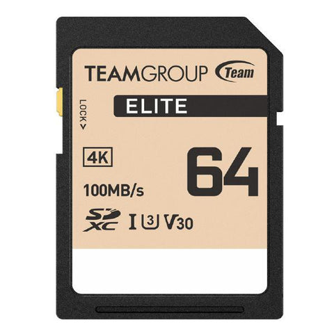 Team Group Elite 64GB SDXC UHS-I U3 V30 Memory Card, 100MB/s Read, 50MB/s Write