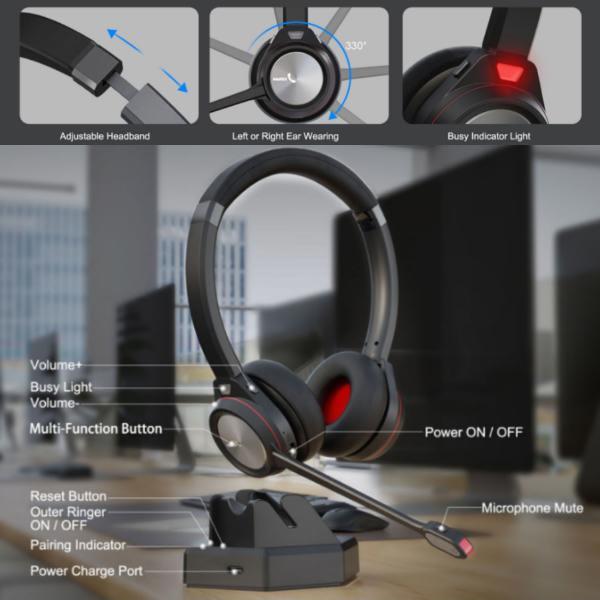 Shintaro Maxifi Bluetooth Headset – Noise Cancelling, 40H Talk, Charging Base