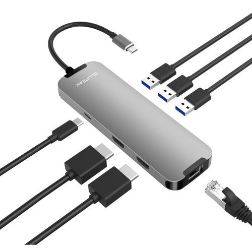 BLUPEAK USB-C Multi-Port Hub, 4K HDMI(2), USB3.0(2), USB-C(1), GbE(1), PD, 2YR WTY