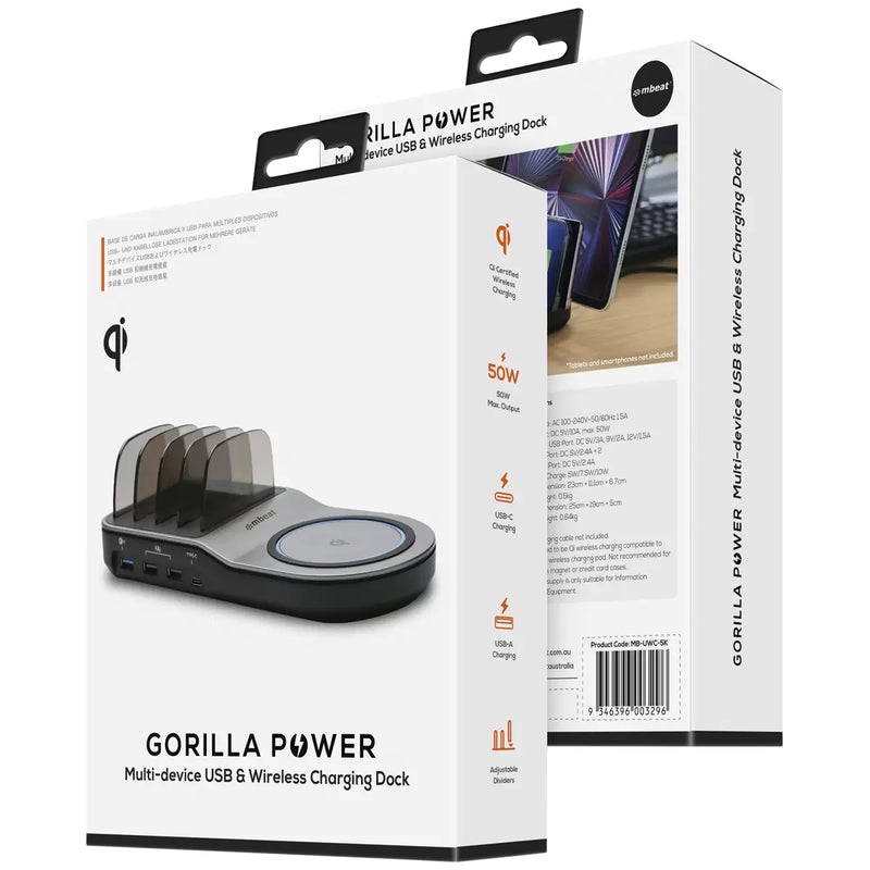 Mbeat Gorilla Power 50W Qi Certified Multi-Device USB & Wireless Charging Dock MB-UWC-5K