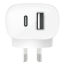 BELKIN 2 Port Wall Charger, 25W USB-C (1) PD, 12W USB-A (1) , White, 2YR WITH $2500 CEW