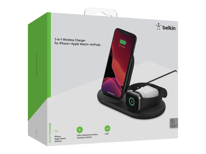 BELKIN QI Wireless 3 IN 1 Charging Dock Stand 10W for Phone, Apple Watch and Ipod, Black