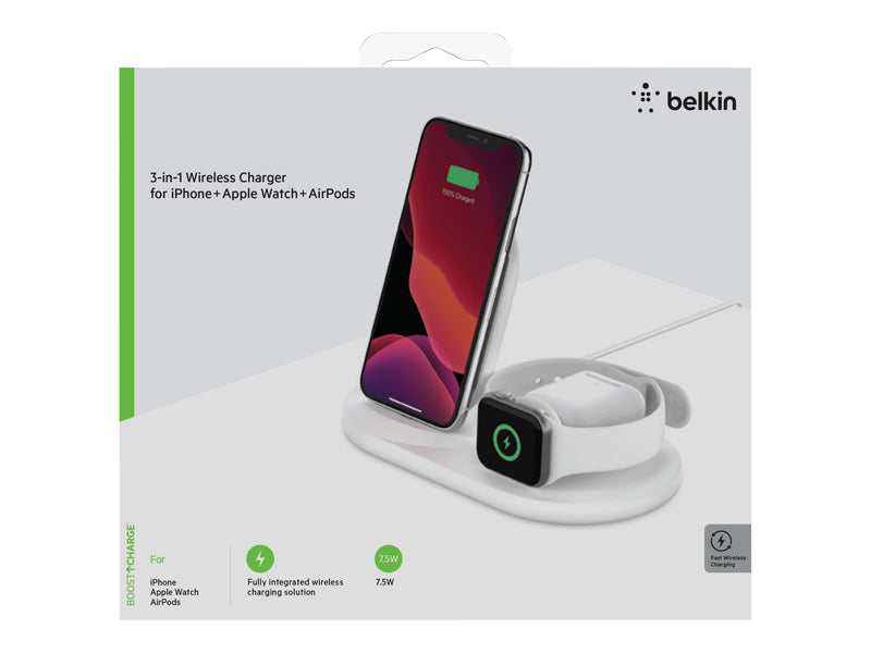 BELKIN QI Wireless 3 IN 1 Charging Dock Stand 10W for Phone, Apple Watch and Ipod, White