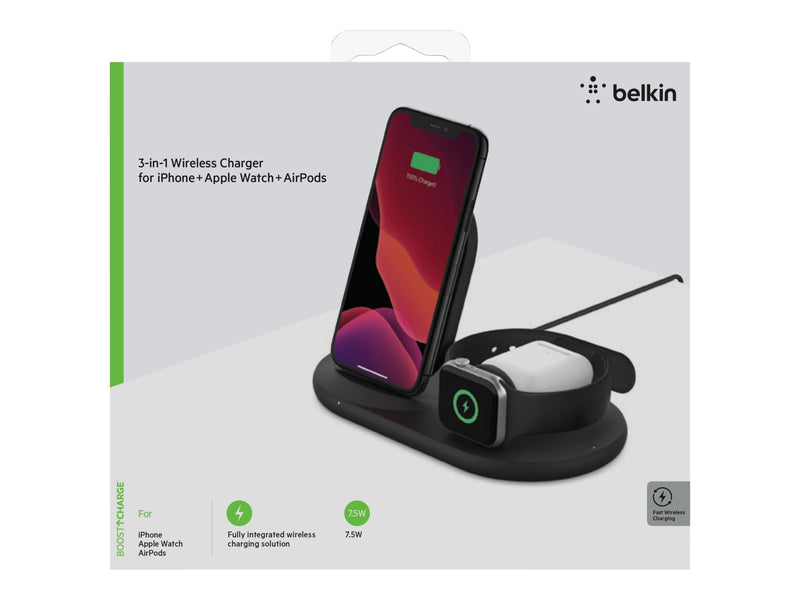 BELKIN QI Wireless 3 IN 1 Charging Dock Stand 10W for Phone, Apple Watch and Ipod, Black