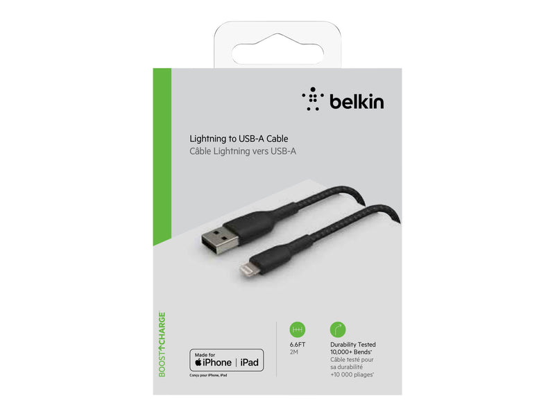 BELKIN 2M USB-A to Lightning Charge/SYNC Cable, Braided, MFi, BLK, 2 YR WTY