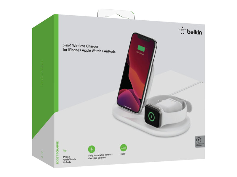 BELKIN QI Wireless 3 IN 1 Charging Dock Stand 10W for Phone, Apple Watch and Ipod, White