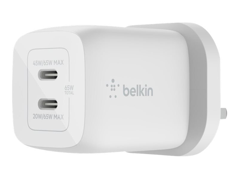 BELKIN 2 Port Wall Charger, 65W USB-C GaN (2) Fast Charging, White, 2YR WITH $2500