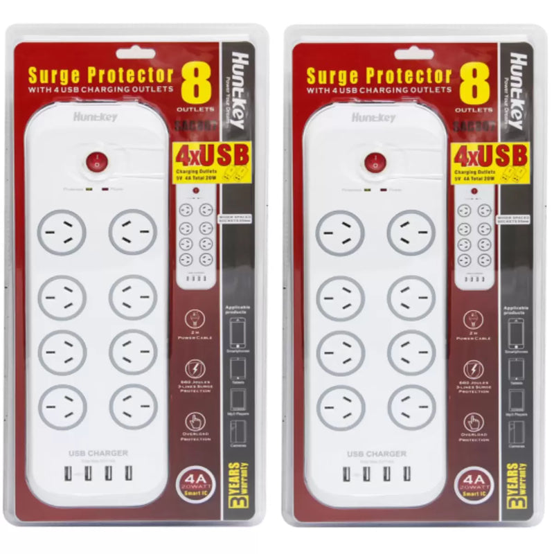 Huntkey Powerboard with 8 Sockets and 4 USB Ports 2 Pack