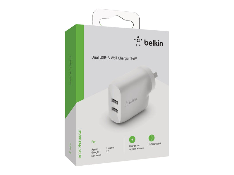 BELKIN 2 Port Wall Charger, 12W, USB-A (2), Boost Charge, White, 2YR WTY With $2500 CEW