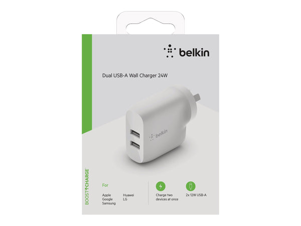 BELKIN 2 Port Wall Charger, 12W, USB-A (2), Boost Charge, White, 2YR WTY With $2500 CEW