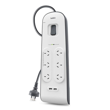 BELKIN 6 Outlet Surge Protector with 2M Cord with 2 USB Ports (2.4A), 2YR WTY, $30K CEW