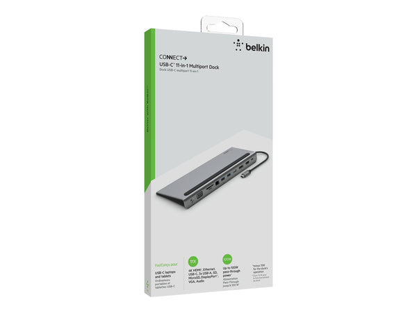 BELKIN USB-C 11-IN-1 Docking Station,Tripledisplay,HDMI,DP,VGA, SD, 85W PD, NO AC, 2YR