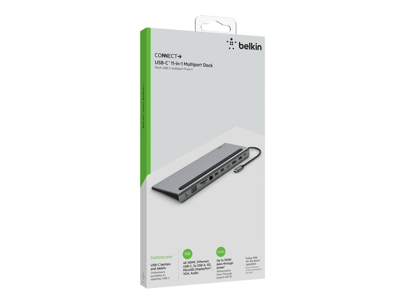 BELKIN USB-C 11-IN-1 Docking Station,Tripledisplay,HDMI,DP,VGA, SD, 85W PD, NO AC, 2YR