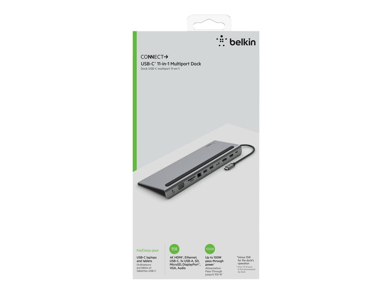 BELKIN USB-C 11-IN-1 Docking Station,Tripledisplay,HDMI,DP,VGA, SD, 85W PD, NO AC, 2YR