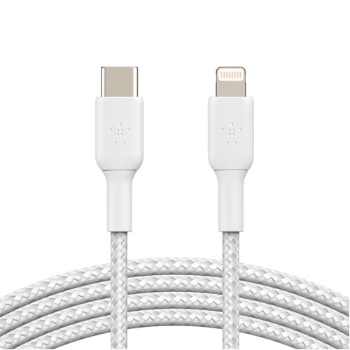 BELKIN 2M USB-C to Lightning Charge/SYNC Cable, MFi, Braided, White, 2 YR