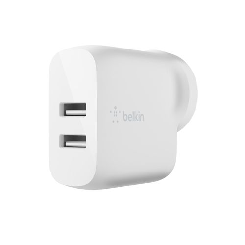 BELKIN 2 Port Wall Charger, 12W, USB-A (2), Boost Charge, White, Include USB-A to LGN CABL