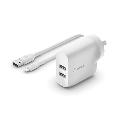 BELKIN 2 Port Wall Charger, 12W, USB-A (2), Boost Charge, White, Include USB-A to LGN CABL