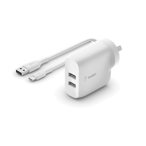 BELKIN 2 Port Wall Charger, 12W, USB-A (2), Boost Charge, White, Include USB-A TO C Cable,