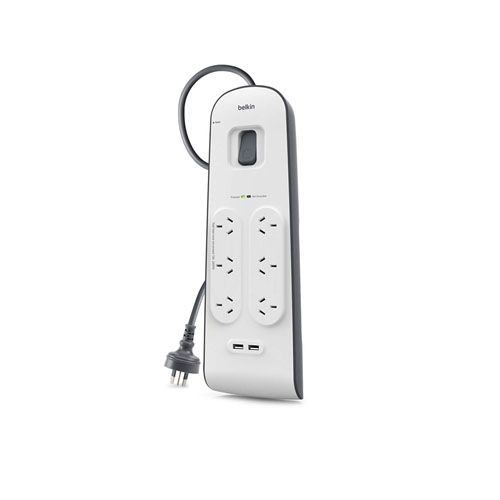 BELKIN 6 Outlet Surge Protector with 2M Cord with 2 USB Ports (2.4A), 2YR WTY, $30K CEW