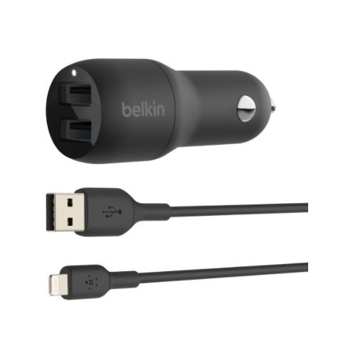 BELKIN 2 Port Car Charger, 12W/2.4A USB-A (2), 1x 1.2M USB-A to Lightning Cable, 2YR WTY