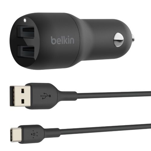 BELKIN 2 Port Car Charger, 12W/2.4A USB-A (2), 1M USB-A to USB-C Cable, 2YR WTY