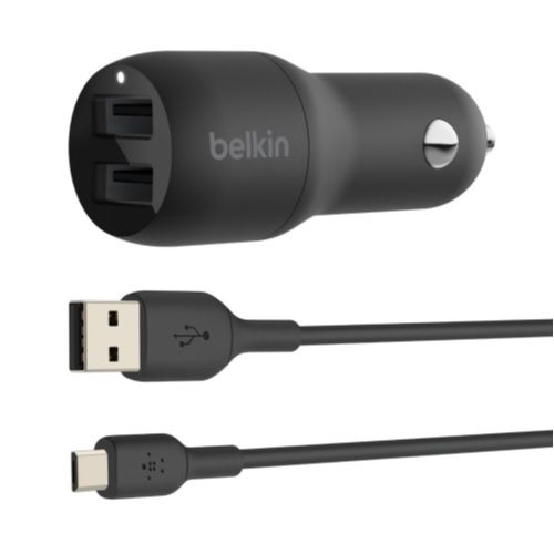 BELKIN 2 Port Car Charger, 12W/2.4A USB-A (2), 1M USB-A to Micro USB Cable, 2YR WTY