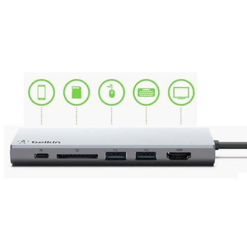 BELKIN 4 Port 4K USB-C HUB, USB-C(1), USB3.1(2), HDMI(1), SD, RJ45, 60W Passthrough, 2YR