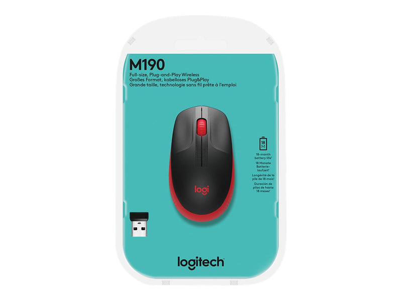 LOGITECH M190 Wireless Mouse Plug and Play, 2.4GHZ Nano Receiver - Red - 1YR WTY