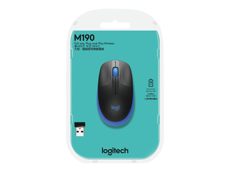 LOGITECH M190 Wireless Mouse Plug and Play, 2.4GHZ Nnano Receiver- Blue - 1YR WTY