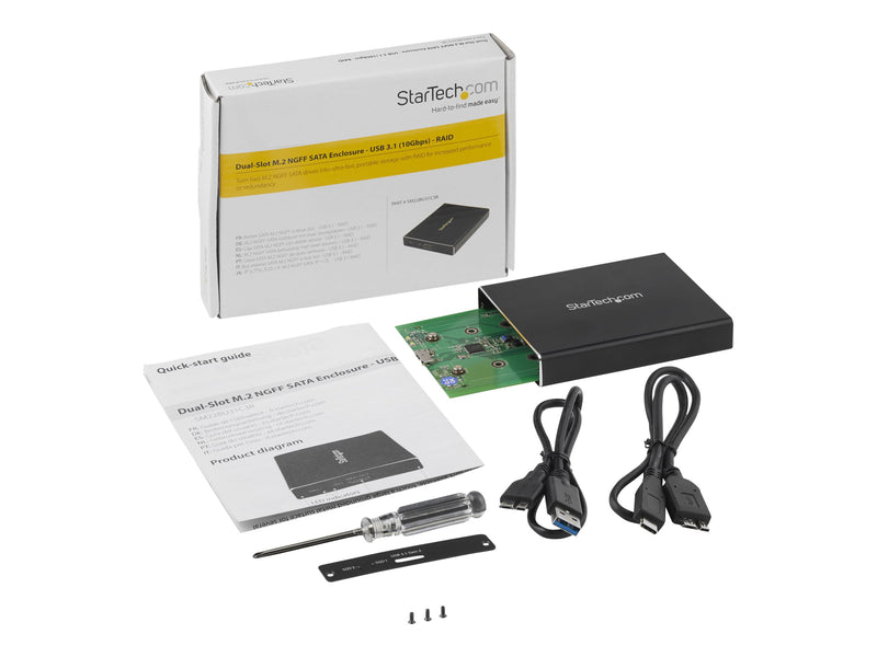 STARTECH Dual M.2 SSD Enclosure, USB 3.1, Raid Supported, Micro-B Cable, 2YR