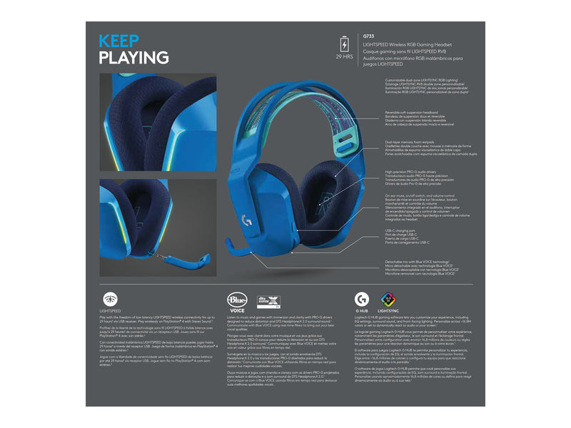 LOGITECH G733 Wireless LightSYNC RGB Gaming Headset, DTS X2.0 SRS,20M Range,Blue-2YR WTY